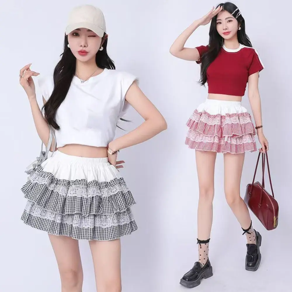 

Harajuku Lolita Lace Grid Cake Skirt Plaid Stripe Ruffle JK A-line Short Skirt Sweet Multi-layer Lace Pleated Mini Skirts Girls