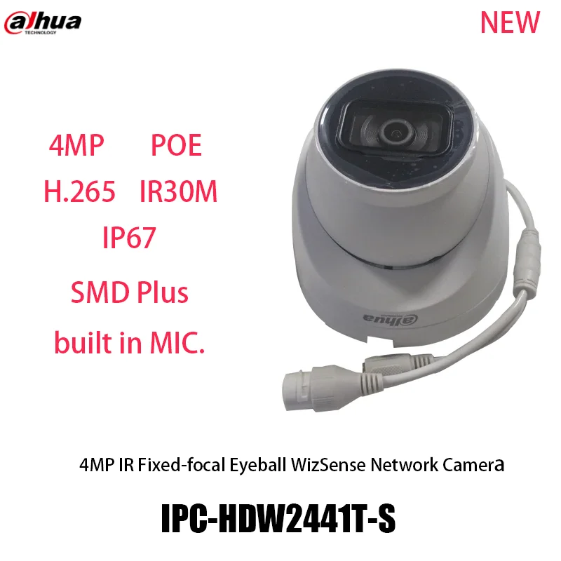 

Dahua IPTV IPC-HDW2441T-S 4MP POE IR30M Built-in MIC IP67 WDR CCTV Monitoring Indoor Eyeball WizSense Network Camera