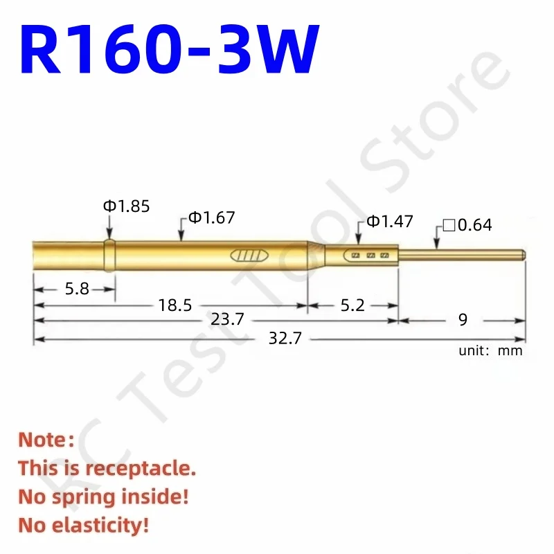 

100PCS R160-3W Test Pin P160-B1 Receptacle Brass Tube Needle Sleeve Seat Wire-wrap Probe Sleeve Length 32.7mm Outer Dia 1.67mm