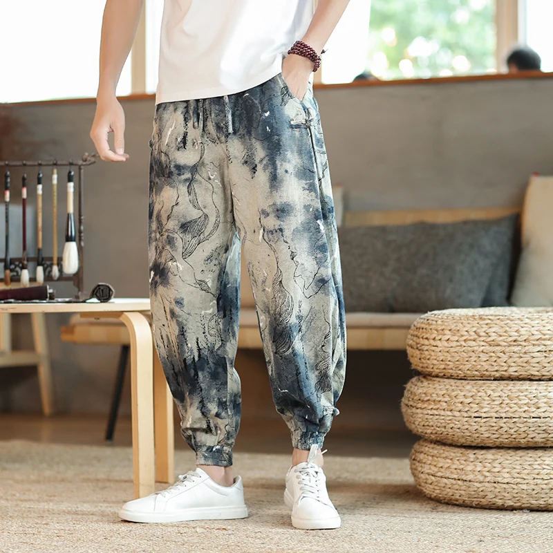 Summer Cotton Linen Casual Pant Men Elastic Waist Full-length Harem Pant Men Sweatpants Male Bloomers Streetwear