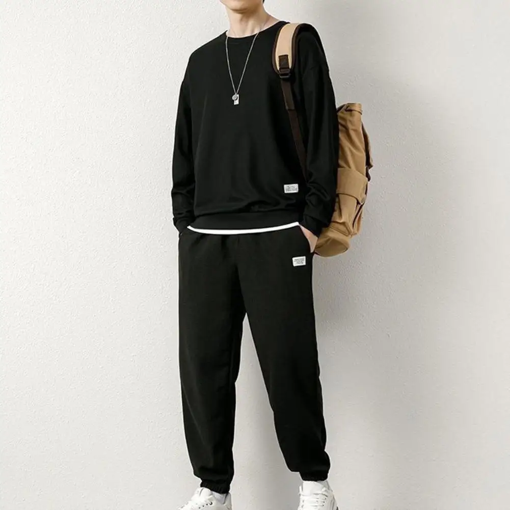 Men's Tracksuit Crew-neck Long-sleeved Pullover Elastic Lace-up Waist Pocket Tracksuit Casual Suit