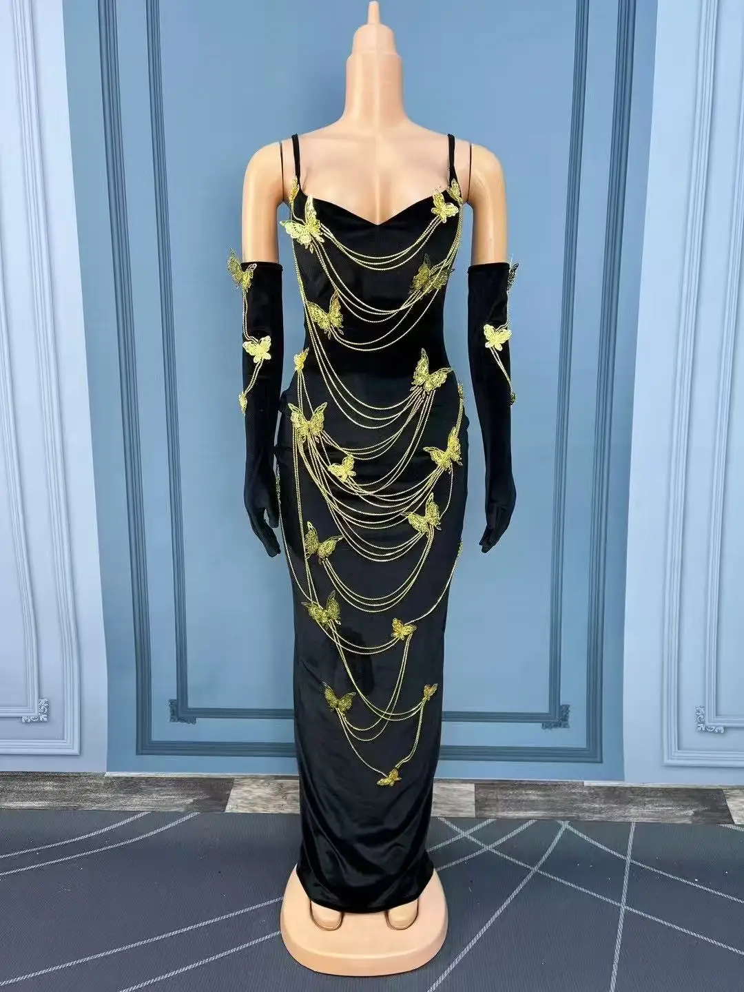 Women Sexy High-grade Shining Gold Metal Butterflies Suspenders Black Velvet Dress Evening Party Gown Red carpet Show Stage Wear