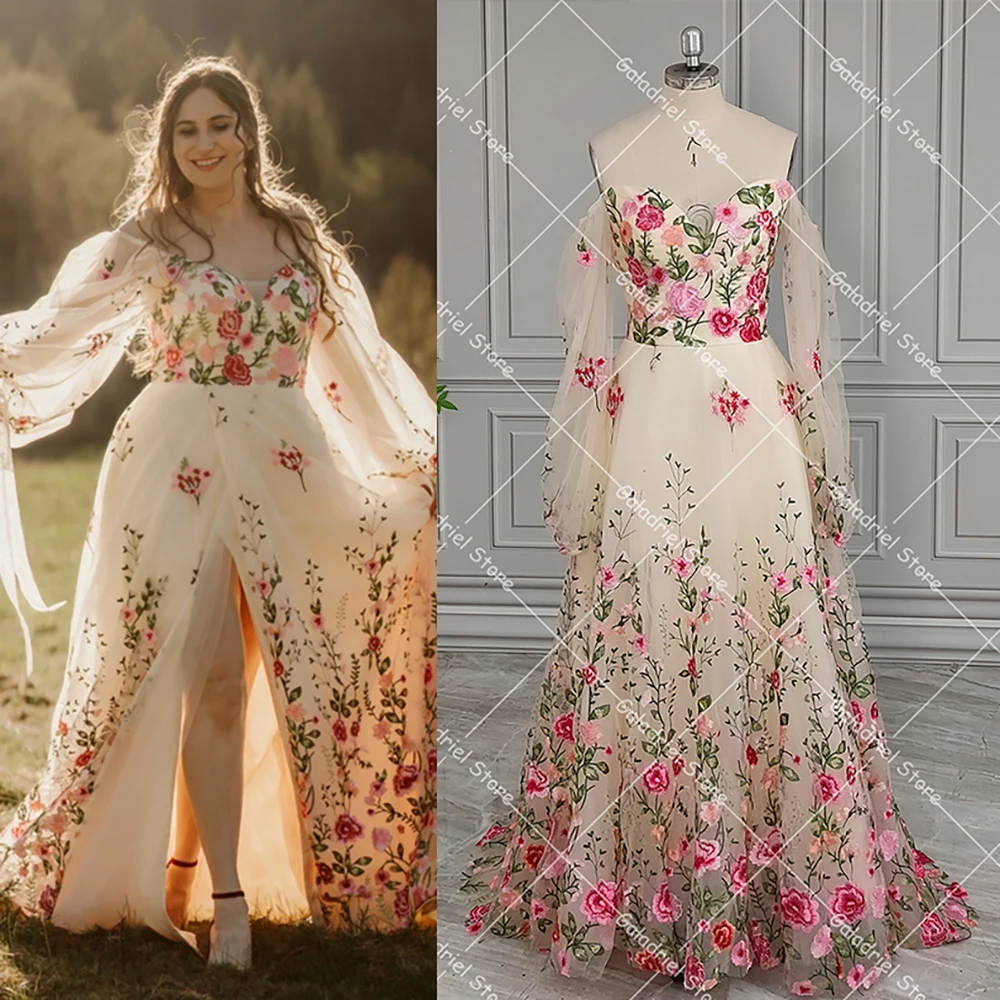 Plus Size Wedding Wildflowers Embroidered Colorful Customized Fairytale Dress Long Puffy Sleeves Sweetheart Cocktail Gowns