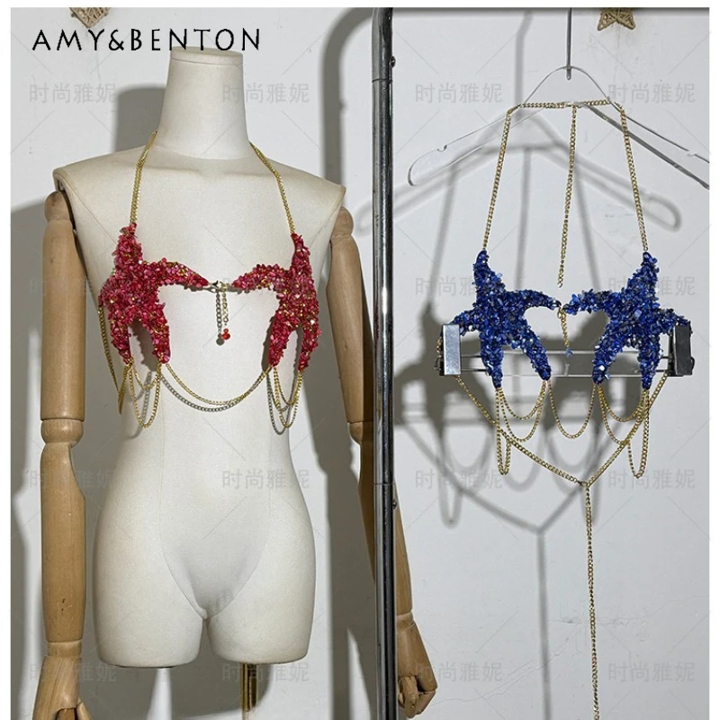 

Sparkling Beaded Halter Neck Bandeau Camisoles Women's Stylish Star Chain Chest Decoration Stage Show Performance Costume Tanks