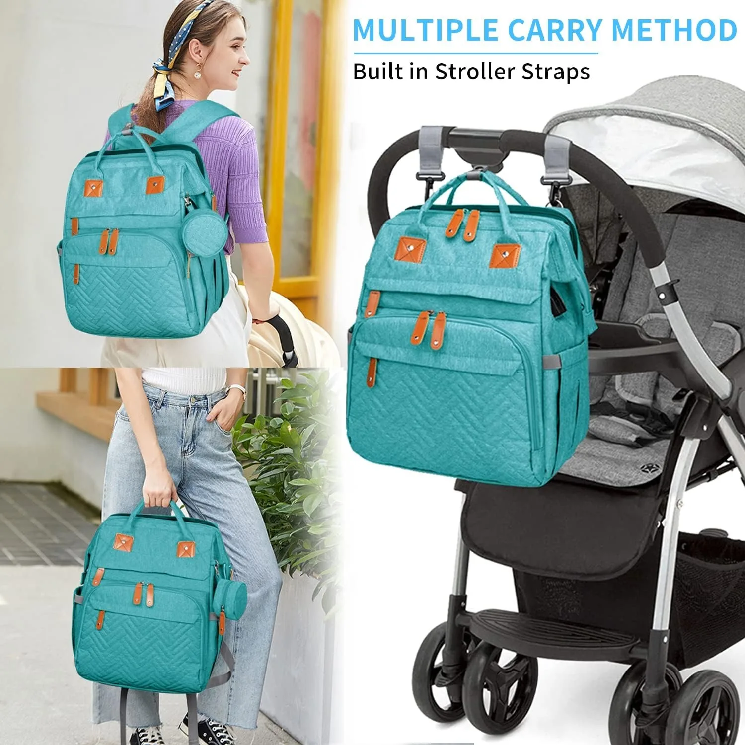Bolsas de pañales para bebés con cambiador, mochila impermeable de gran capacidad para pañales para mamás y papás con puerto de carga USB y correas para cochecito, regalos para baby shower, rosa, verde, azul