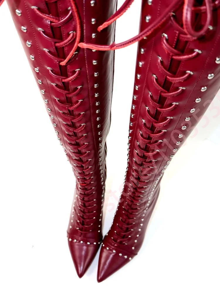 Women Over The Knee High Boots Fall/winter 2026 Pointed Toe Lace Up Front Studded Stiletto Fashion Party Club Dress Long Boots