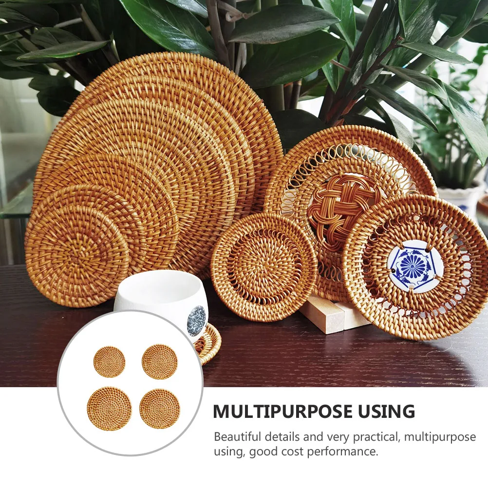 

4PCS Rattan Woven Coasters Heat Insulation Mat Dining Table Bowl Pad Multipurpose H made Wicker Anti Scalding Practical Home