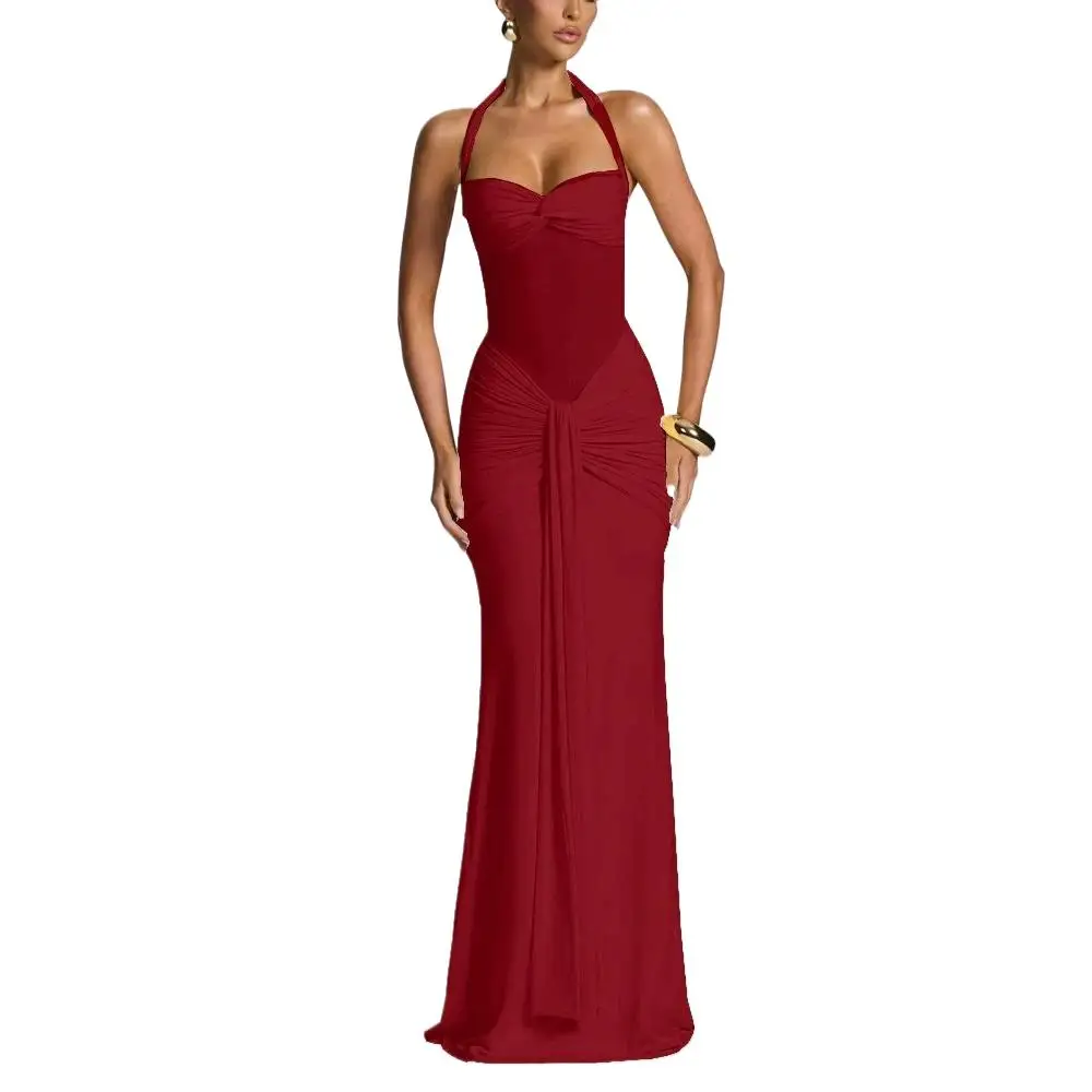 Robe longue de soirée à col licou pour femmes, Sexy, transparente, maille, Patchwork, pliable, hanche, Slim, Maxi, robe de Banquet, tendance