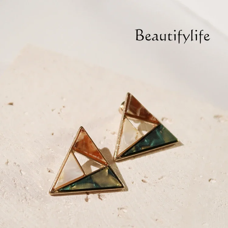 Geometric turquoise triangle earrings women's retro Hong Kong style temperament stud earrings New year's models