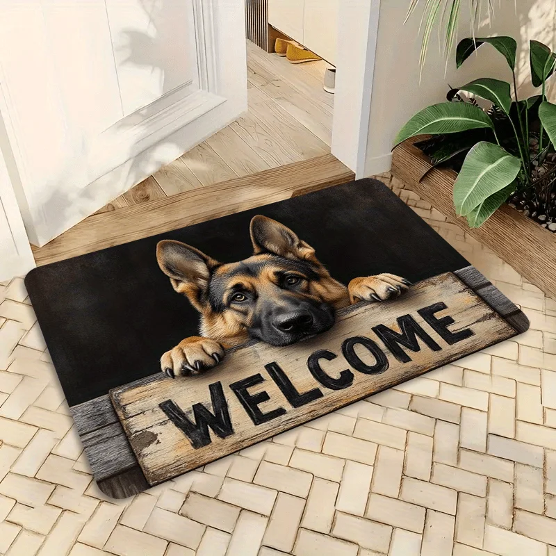 

German Shepherd Welcome Doormat Rustic Style Polyester Soft Rectangular Entryway Mat Indoor Outdoor Use Thick Plush Foam Cushion Floor Mat Durable Dog Themed Design Home Entrance Carpet Non Slip Absorbent Welcome Rug Decorative Door Mat for Daily Home Use