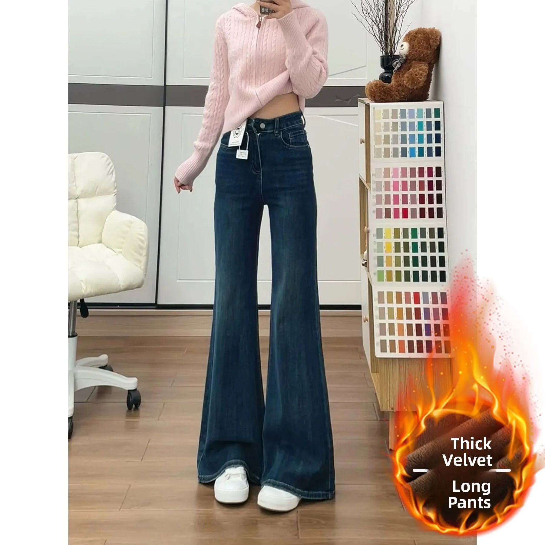 Jeans da donna taglie forti foderati in Fce blu vintage a vita alta a gamba larga pantaloni svasati comodi e larghi denim di cotone caldo invernale