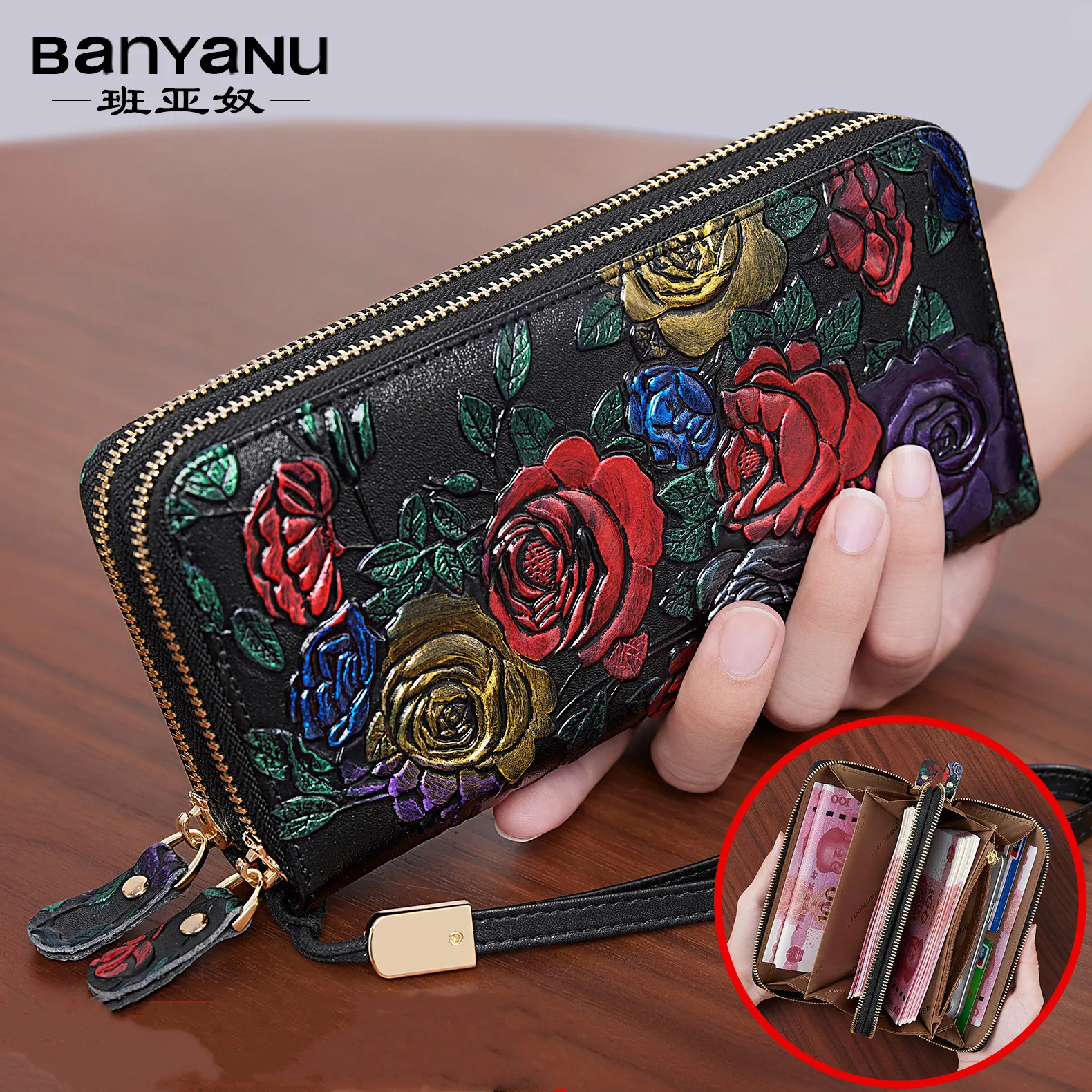 

Cow Leather Fashion Women's Wallet Long Style Double Zipper Large Capacity Painted Clutch Bag Retro Phone Bag Wallet for Women