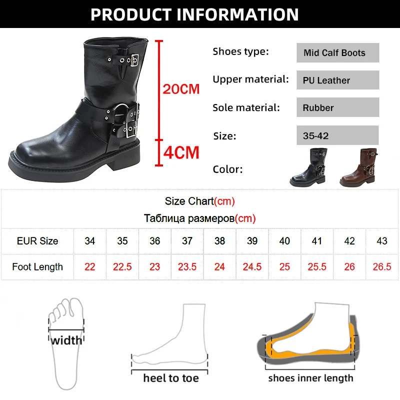 Punk Style Buckle Strap Mid-Calf Boots Women Black PU Leather Platform Western Boots Woman Big Size Square Toe Thick Heels Boots