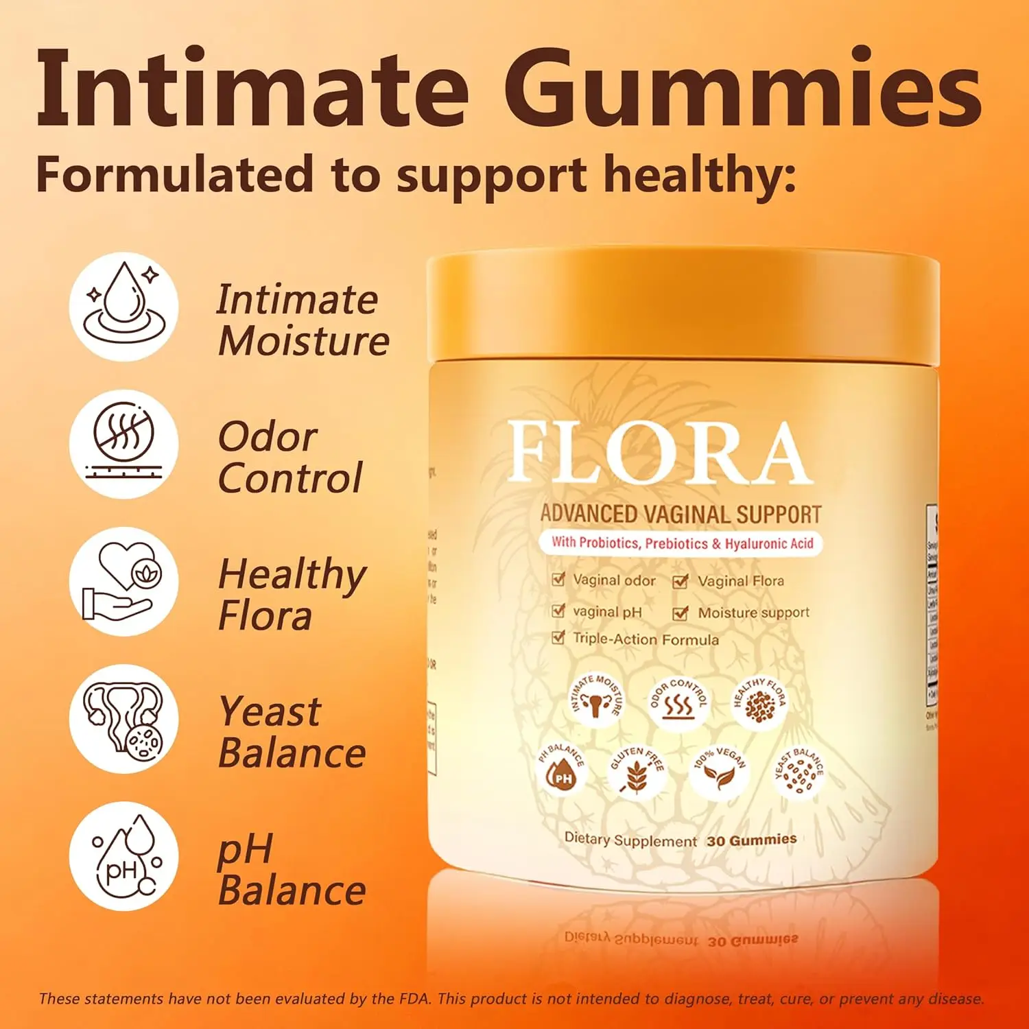 

Flora Plus Women Vaginal Probiotic Gummies for pH Balance, Sugar Free Pineapple, Vegan Non-GMO Odor and Freshness 60 Count