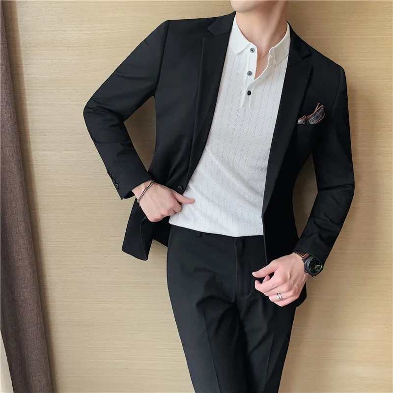 (Jas + Broek) 2023 Pakken Mode Nieuwe Mannen Hoge Kwaliteit Lage Prijs Zakelijke Bruiloft Bruidegom Pure Kleur Blazers Broek 2 Stuks Set