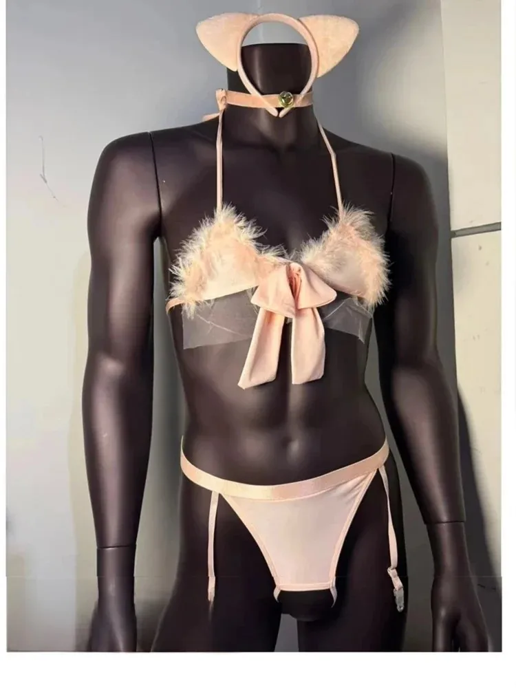 Large size sexy porno lingerie role-playing bdsm couple uniform pink male servant outfit bikini sex suit mesh sock accessories view 5
