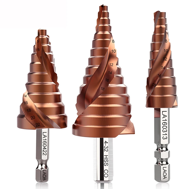 LAOA HSS-Co Step Drill Bits High hardness Pagoda Shape Drill Bit 3-13mm 4-22mm 4-32mm Metric Spiral Flute Core Drill Bit