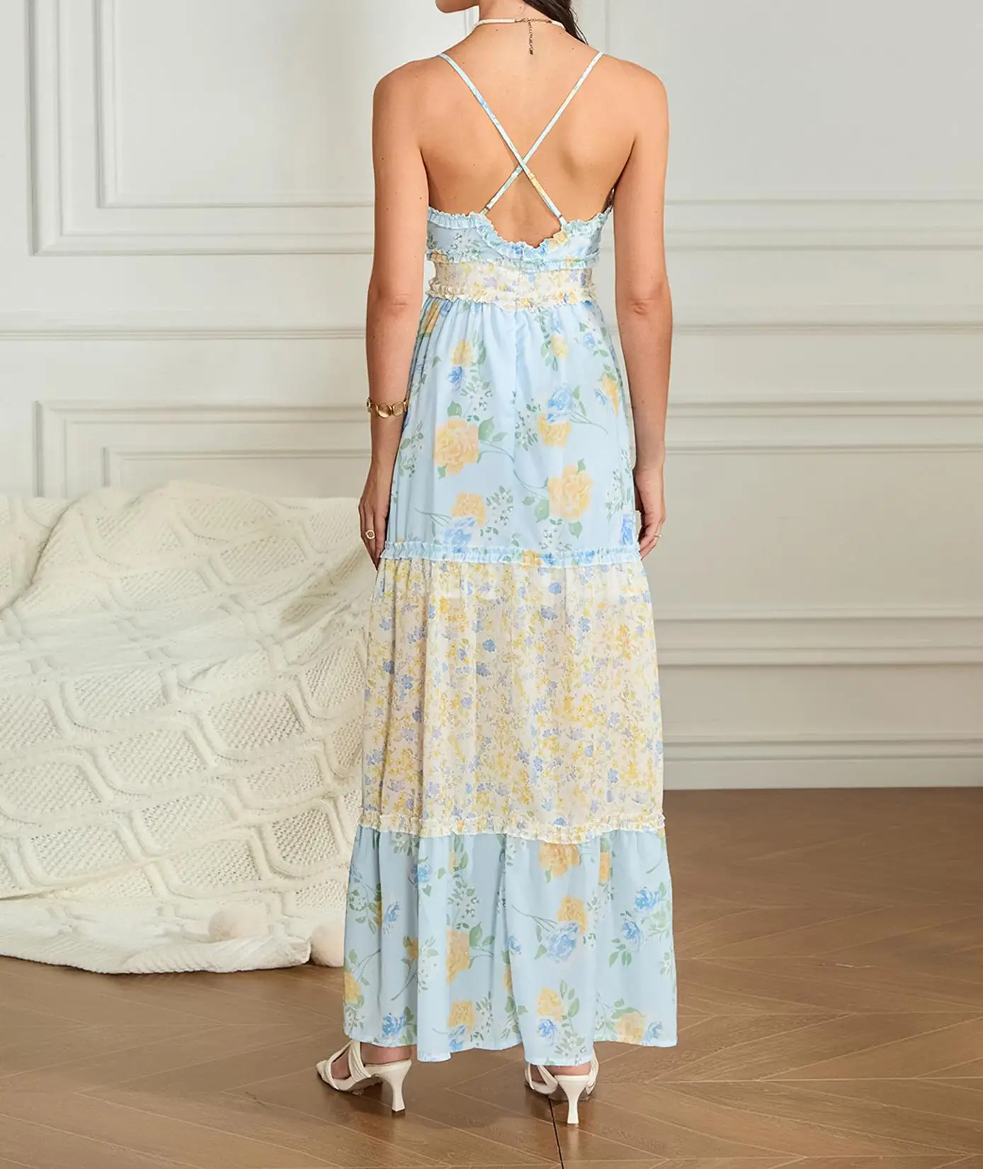 Nova moda feminina impressão sem mangas com decote em v midi vestido sem costas dupla camada verão casual festa de férias vestidos longos azul S-XL