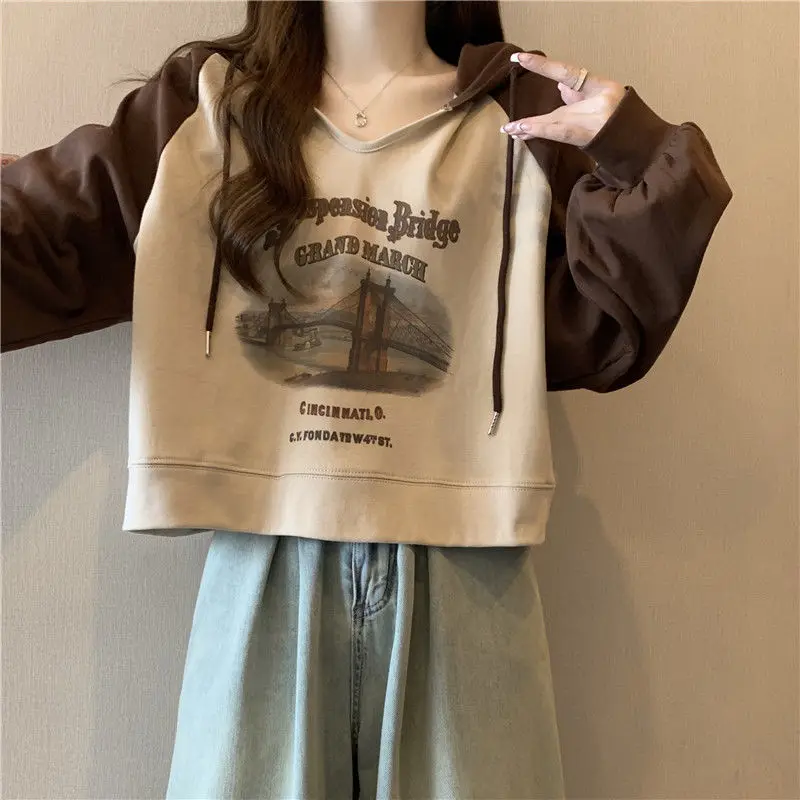 

Femme весенне-осенние модные толстовки с цветным принтом, простой хлопковый универсальный милый свободный топ с длинными рукавами и шнурком