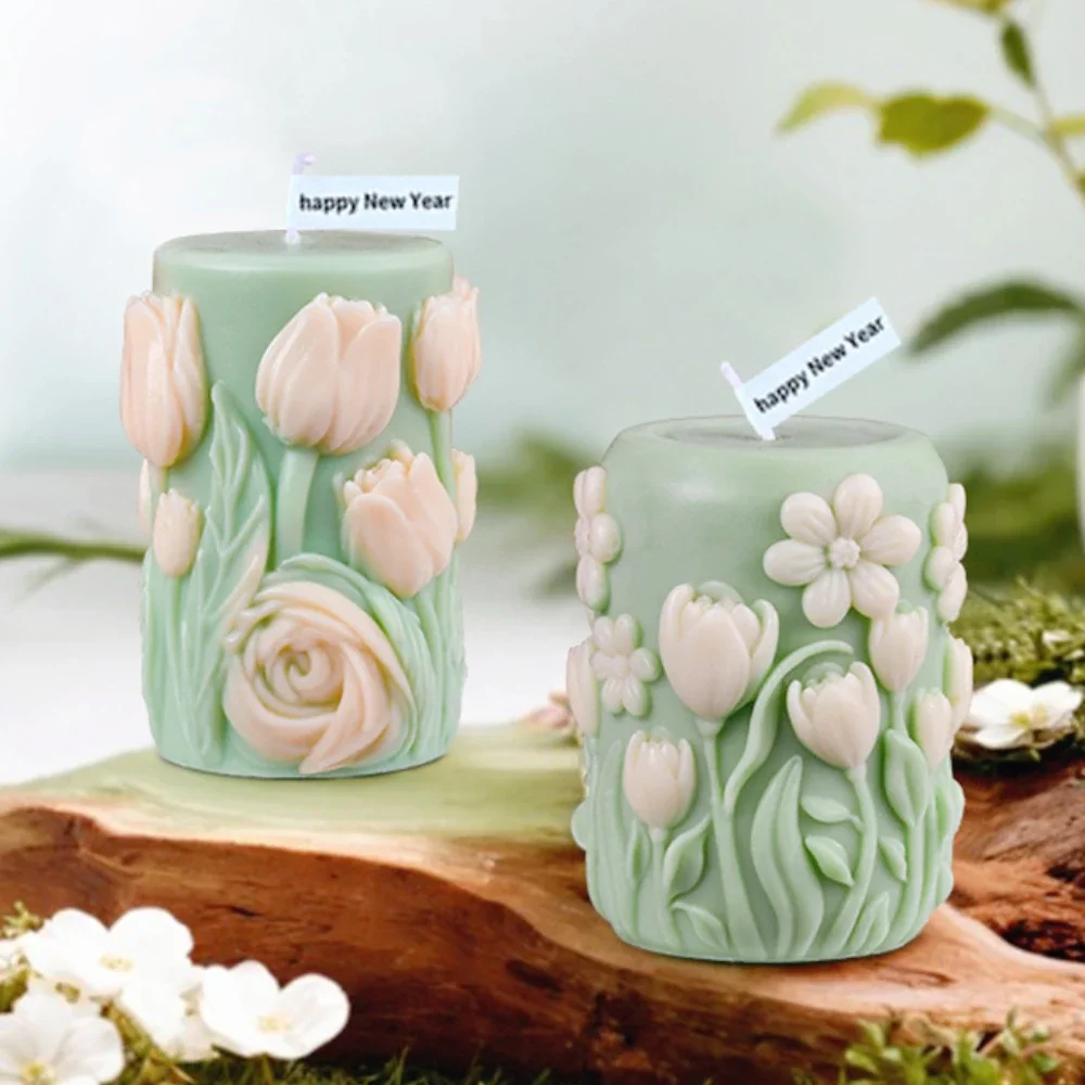 Relief Daisy Pillar Silicone Mold for Scented Candle Tulip Cylinder Gypsum Soap Moulds Flower Geometry Party Decor Gifts for Mom