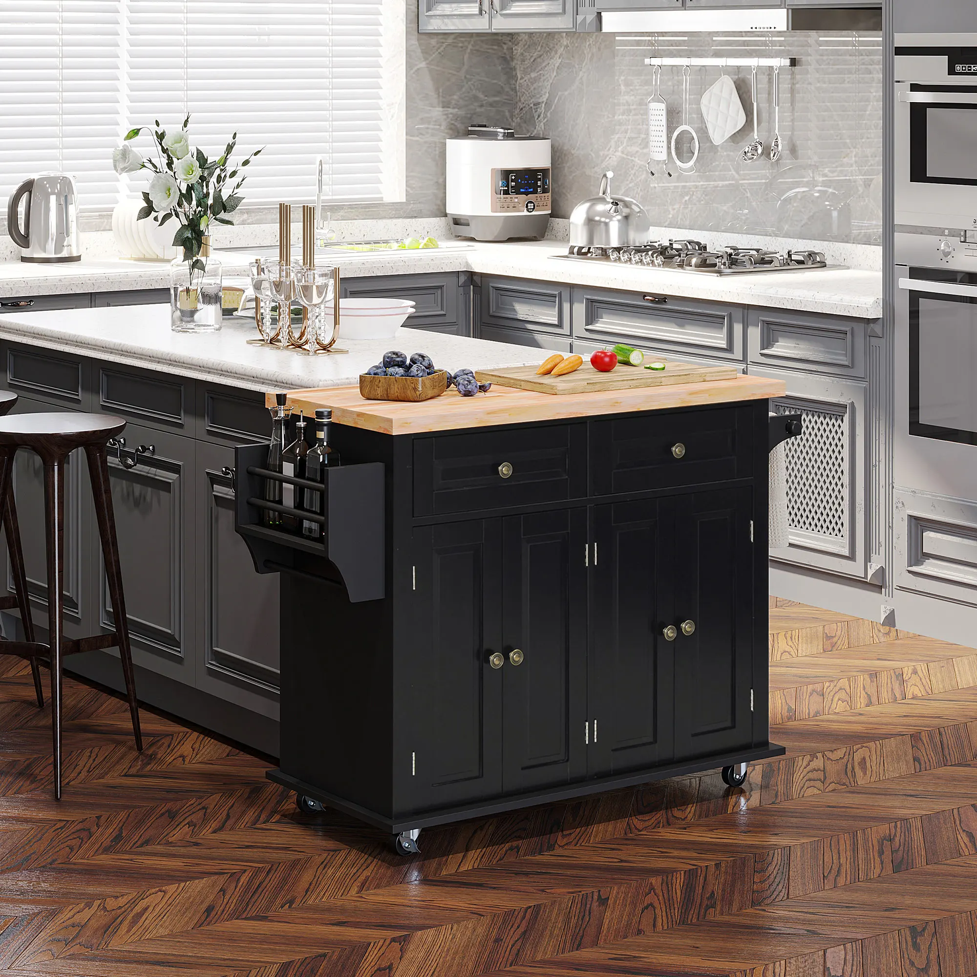 HOMCOM Isla de Cocina con Ruedas 2 Cajones 111x44,5x82,5 cm Negro
