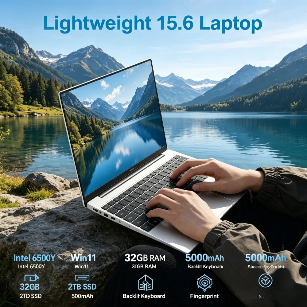 

Lightweight 15.6" Laptop Intel 6500Y Win11 32GB RAM 2TB SSD 5000mAh Backlit Keyboard Fingerprint Business Gaming Laptop