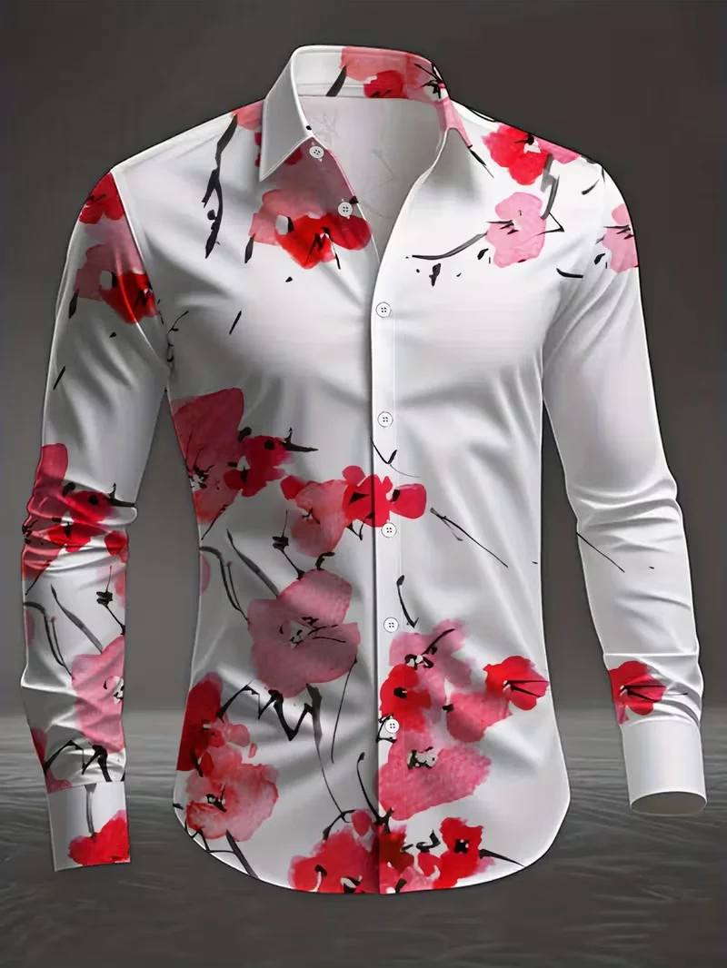 

New men's retro 3D rose print long sleeved shirt with high-quality luxury print collar and long sleeved shirt top