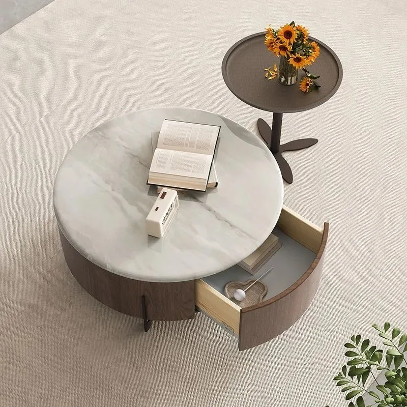 Juego de mesa de centro redonda con tapa de mármol y madera de lujo moderna, sofá para sala de estar con cajones, diseño de muebles multifuncionales
