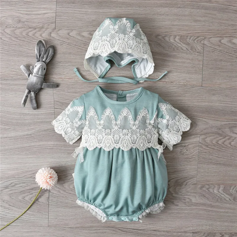 Spanish Baby Girl Romper With Hats Summer Newborn Lace Rompers Toddler Clothes Cute Baby Bodysuit Short Sleeve Infant Jumpsuit