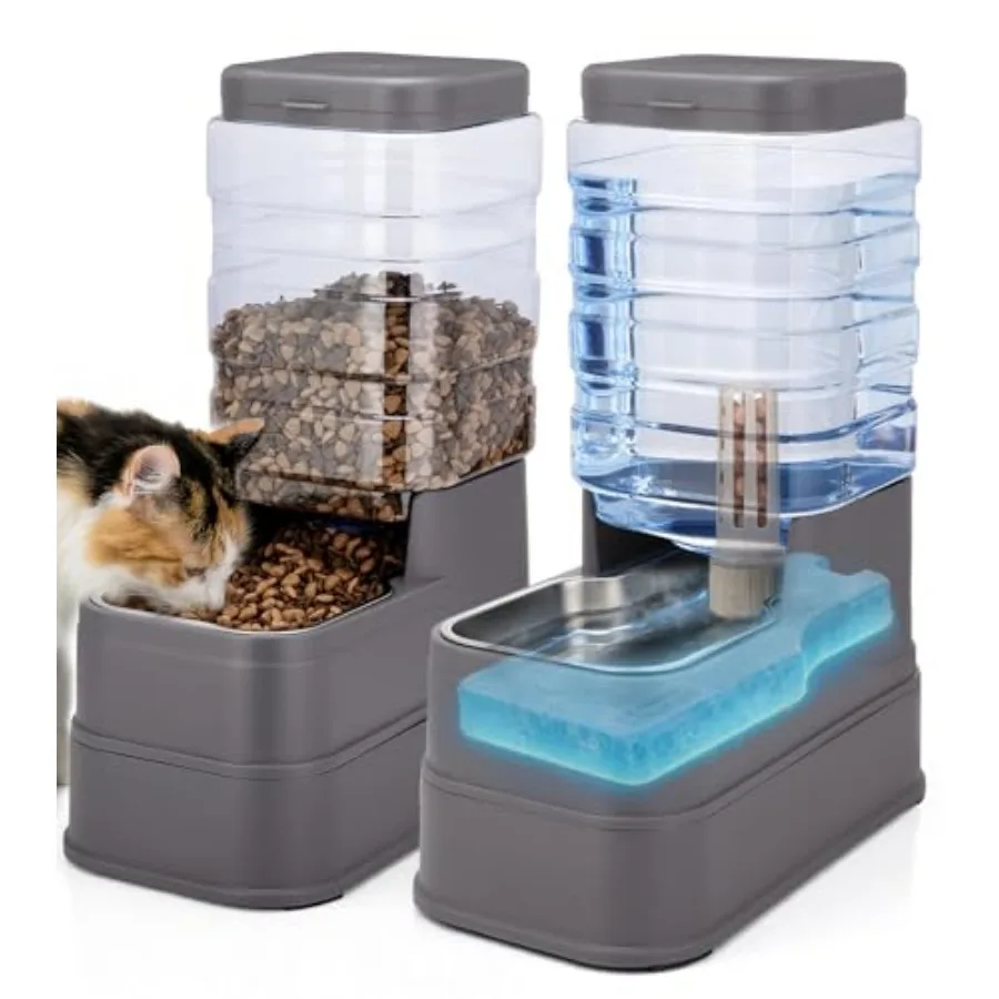 

2 Pack Automatic Cat Feeder and Water Dispenser 1.3Gallon Dog Gravity Food Feeder and Water with Ice Pack Stainless Steel Dry F