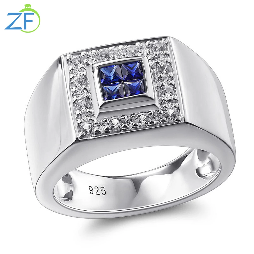 GZ ZONGFA 925 Sterling Silver Created Sapphire Blue Gemstone Rings Fine Jewelry for Business Men Party Gifts 2024