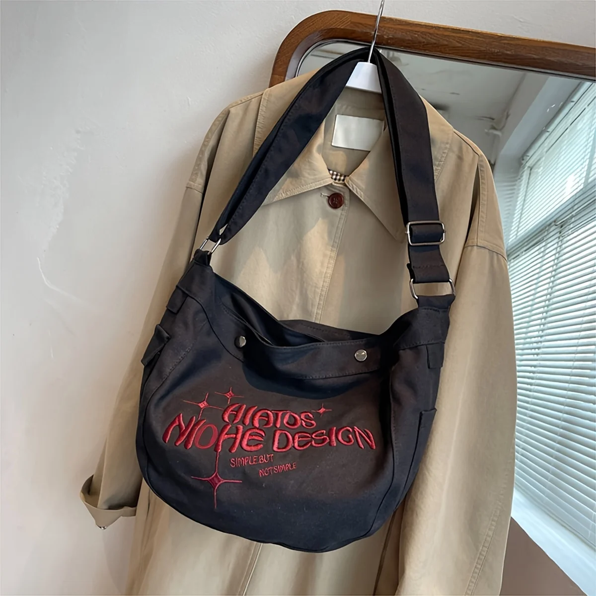 Canvas bag female college students class indolent wind large-capacity one-shoulder shoulder monogram embroidered tote bag