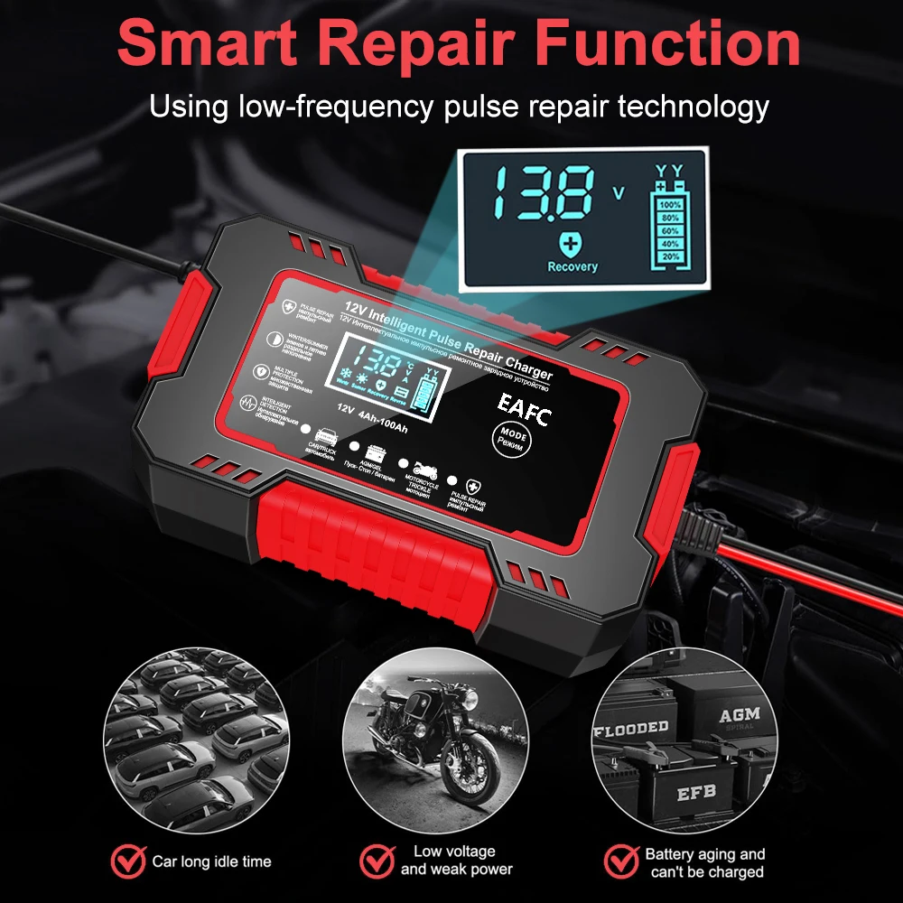 Car Battery Charger 12V 6A Pulse Repair LCD Display Smart Fast Charge AGM Deep Cycle GEL Lead-Acid Charger For Auto Motorcycle