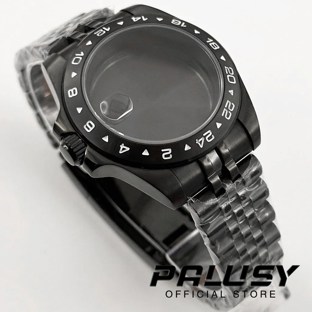 Nh35 40mm exp 24 horas gmt preto moldura fixa caixa de relógio sólido glide lock fecho vidro safira para nh34 nh35 nh36 eta2824 movimento