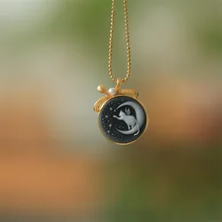 S925 Silver Inlay Agate Embossed Camio Moon Cat Bow Pendant