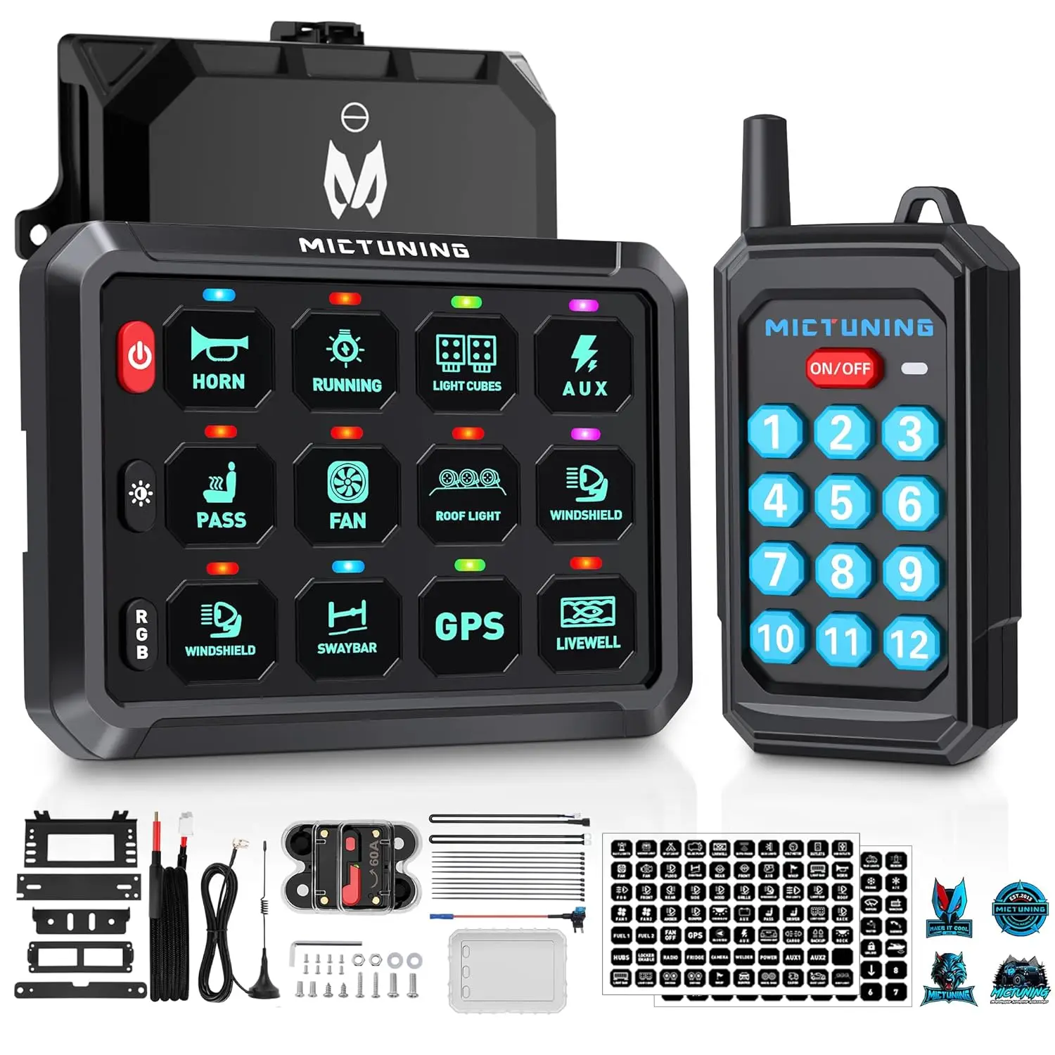 

MICTUNING P1Y 12 Gang Switch Panel with Wireless Remote Control,Wirelessly Up To 230FT,Multifunction 6 Level Brightness