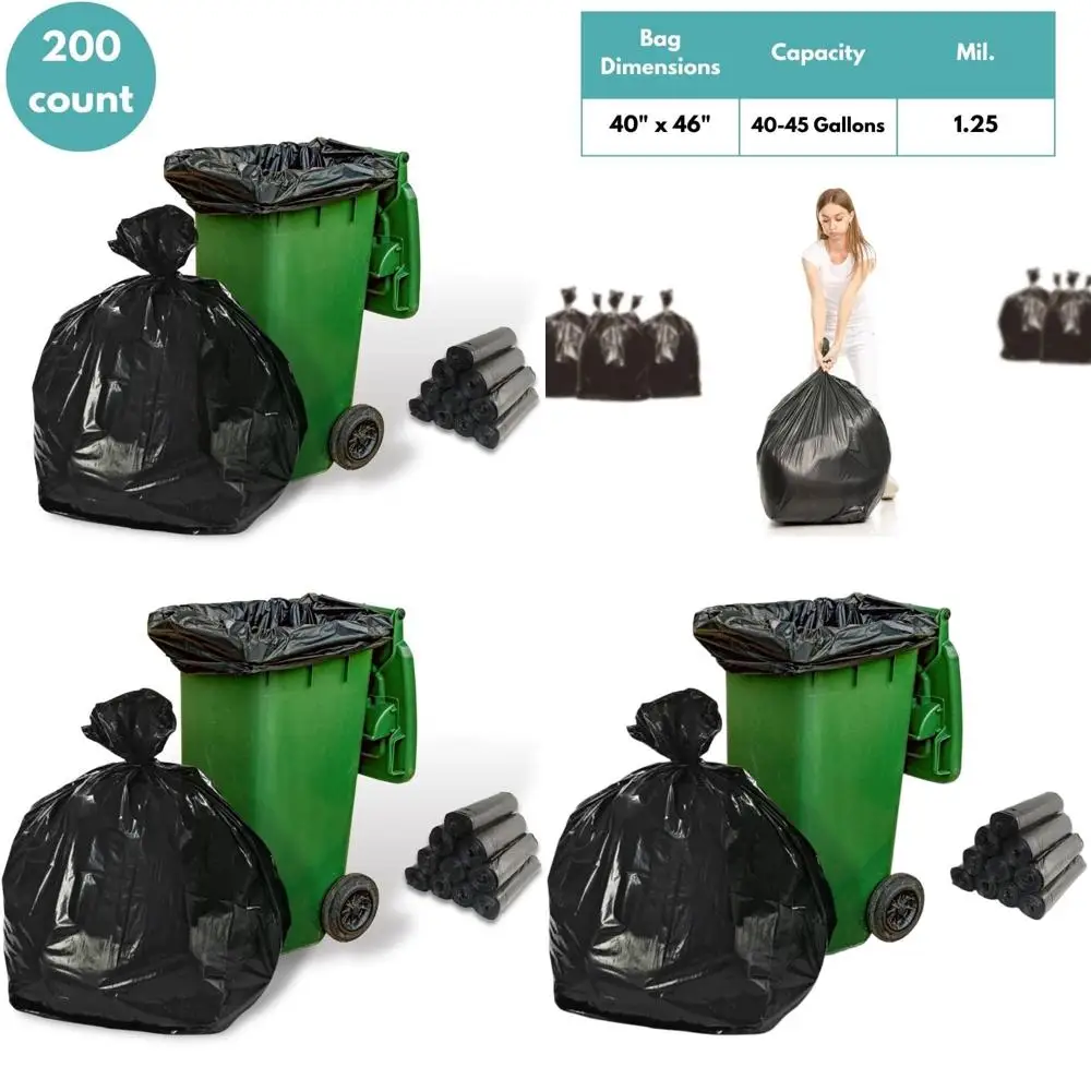 

Heavy-Duty 40-45 Gallon Black Trash Bags, Pack of 200, 1.25 Mil, Ideal for Kitchens, Warehouses, Offices, and Janitorial Use