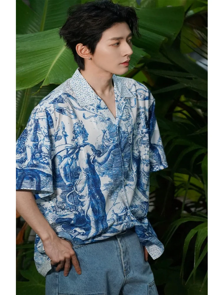 

Dengwei Men's Loose Fit Short Sleeve Shirt Cuban Collar Print Summer Fashionable Casual Shirt Ice Silk Polyester Thin Material