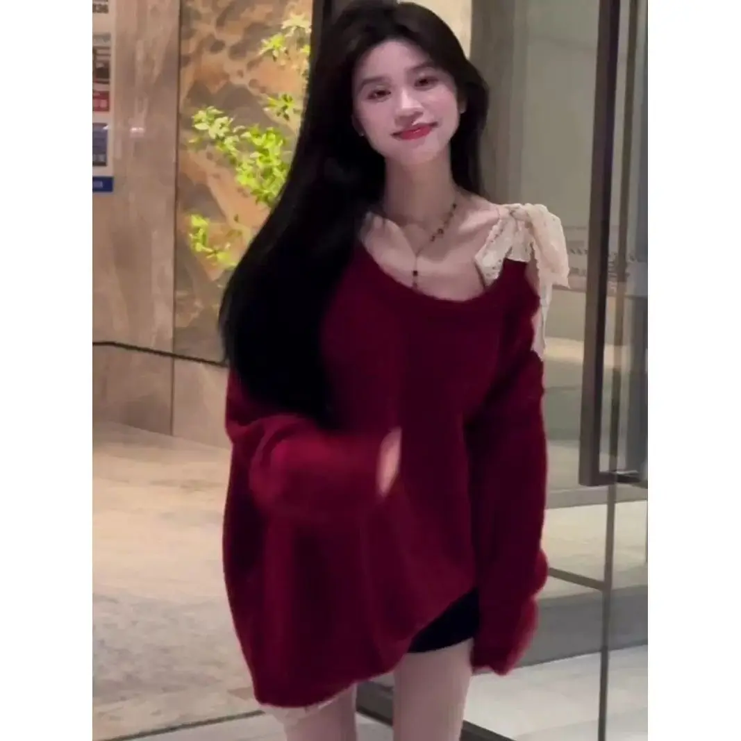 Christmas Atmosphere Sweater for Women with Bow High-end Lazy Chic and Unique Off-shoulder Pullover Top