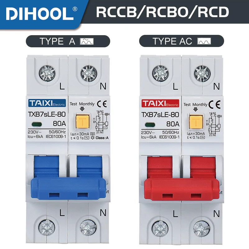 RCBO 6KA Type A 10A 16A 32A 40A 63A 30mA 2P Residual Current Circuit Breaker With Over Current and Leakage Protection