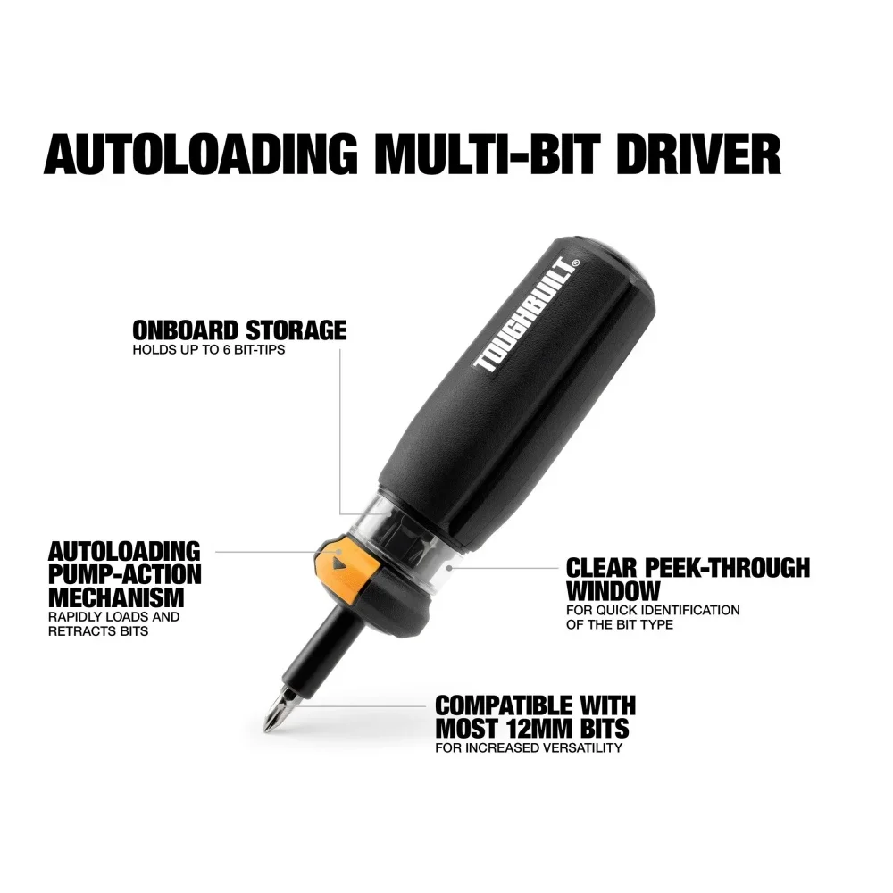 TOUGHBUILT 6 in 1 Multi Bit Screwdriver Reversible Ratchet Wrench Automatic Reload Manual Screwdriver Set TB-H5-M-01