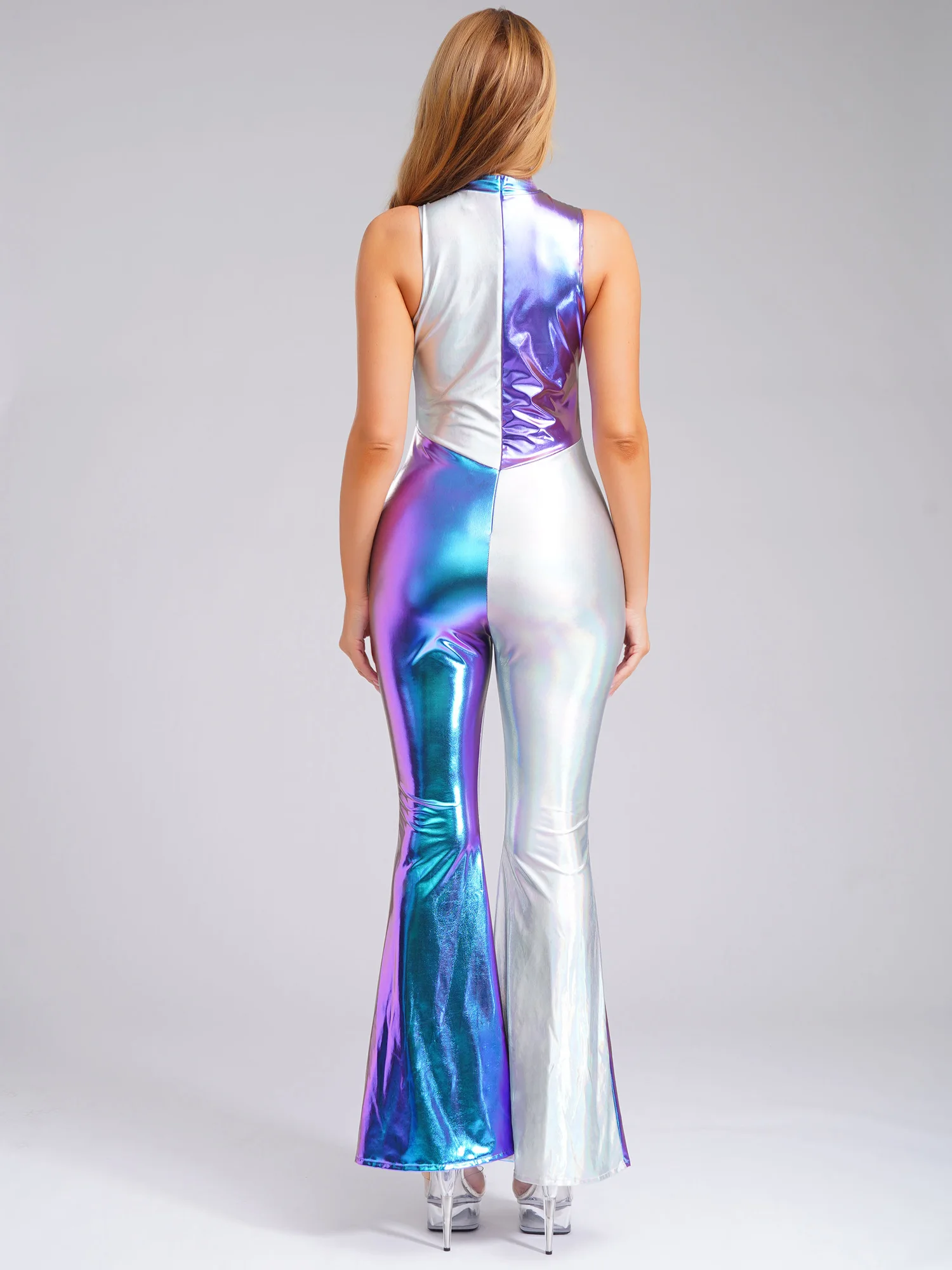 Womens Metallic Shiny Full Body Jumpsuit 모조 넥 민소매 플레어 바지 바디 슈트 Bell Bottom 70s Disco Rompers Clubwear