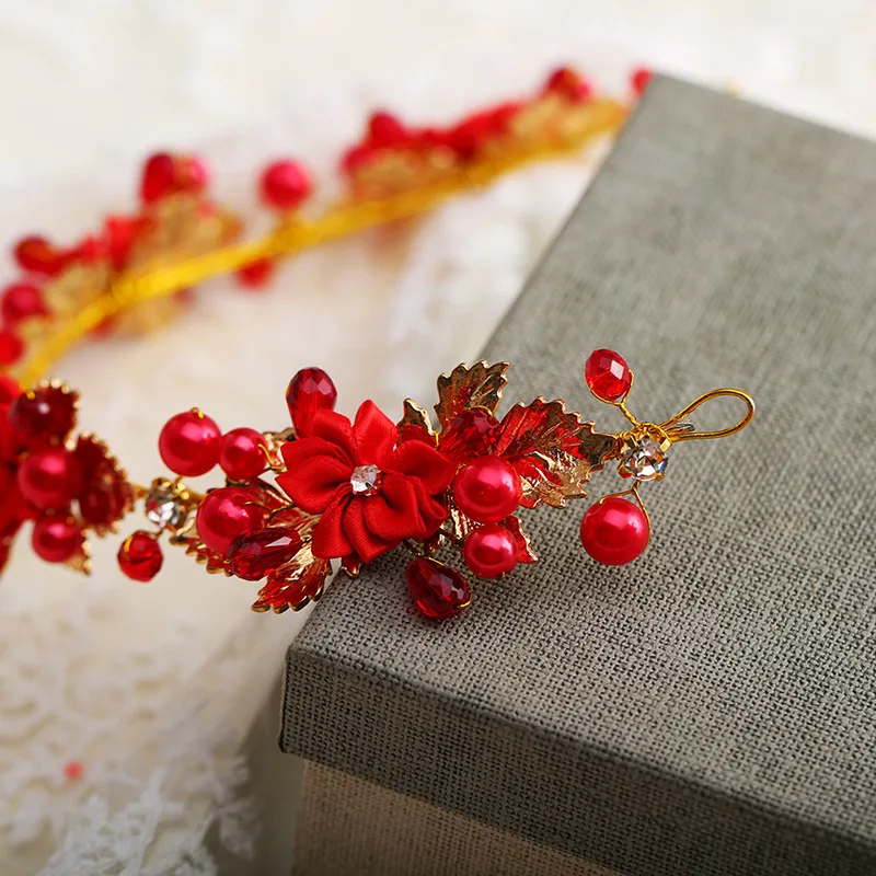 Red Color Crystal Pearl Leaf Headband Hairband Tiara For Women Bridal Wedding Hair Accessories Jewelry Headband Tiara