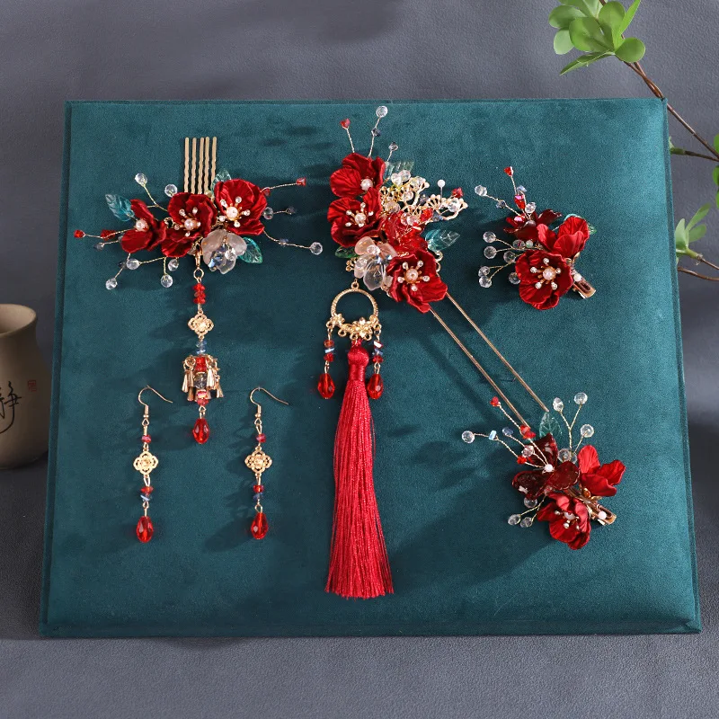 Заколки для волос с красным цветком, винтажная заколка для волос с кисточкой-бабочкой, ювелирные изделия, китайские аксессуары для волос Hanfu, платье на заказ, головной убор, подарок