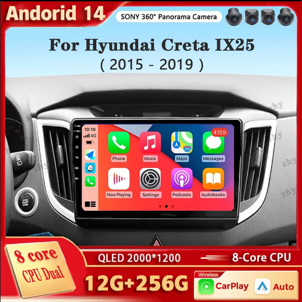 Android 14 Carplay Auto For Hyundai Creta IX25 2015 2016 2017 2018 2019 Multimedia Stereo Player GPS Navigation Wifi FM System