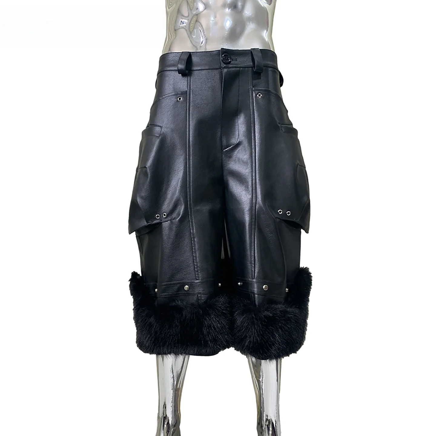 Trendy Black Faux Fur Seven-Foot Men's PU Leather Shorts Detachable 3D Pocket High Waist Comfortable Casual Outdoor Shorts
