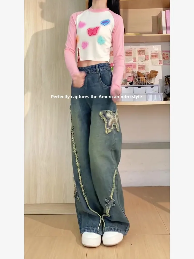 Hochgeschnittene Jeans mit Seitenreißverschluss und Stickerei für Damen, Frühling-Herbst Bodenlange Weite Hose im Amerikanischen High-Street-Stil