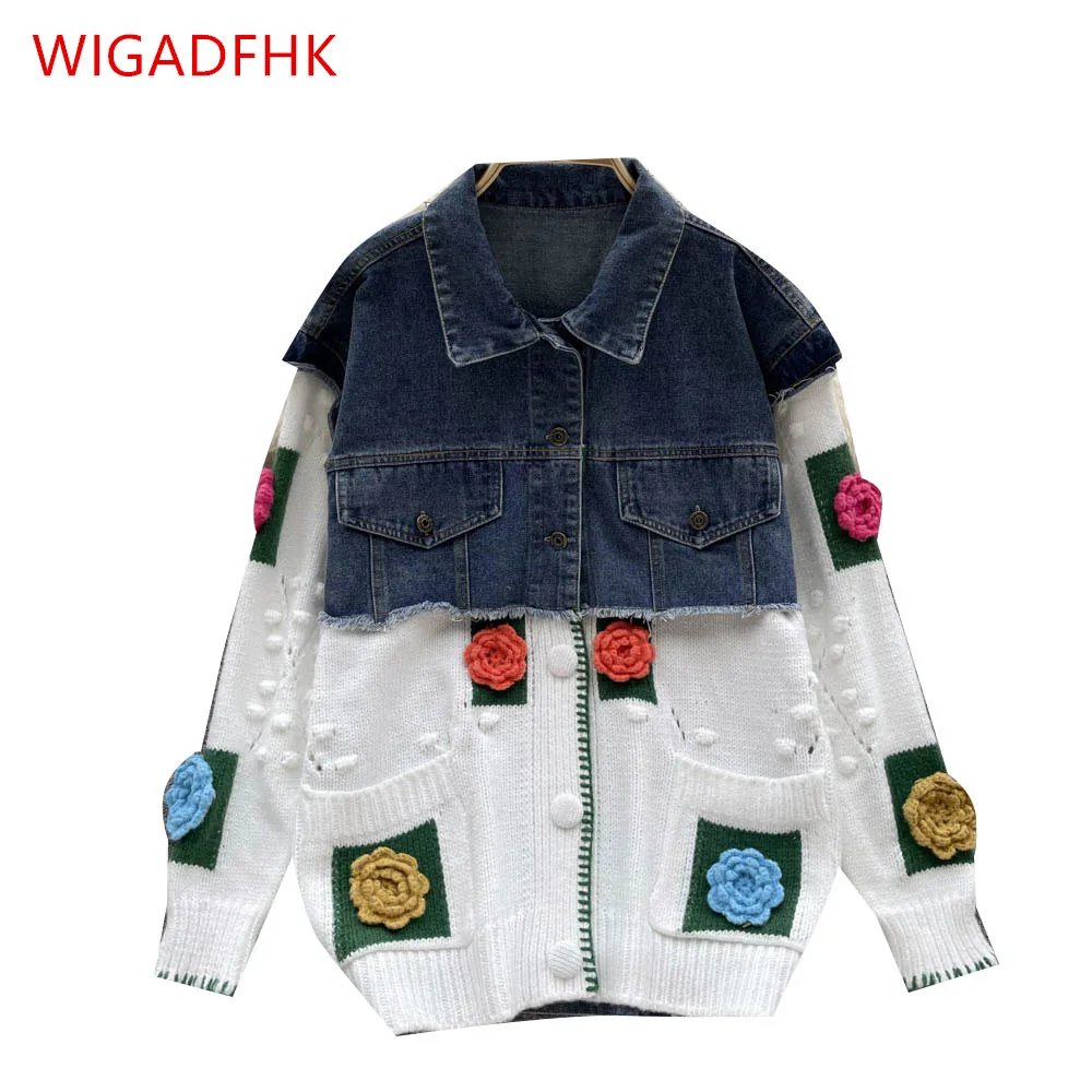 

WIGADFHK Design Sense Three-dimensional Flower Sweater Stitching Denim Cardigan 2023 Autumn And Winter New Loose Denim Jacket