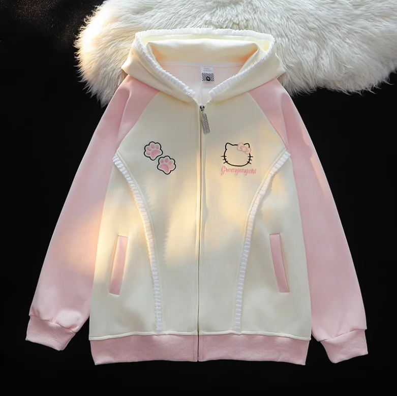 Sudadera con capucha japonesa Sanrioed Hello Kittys Kawaii con lazo para mujer, cárdigan informal holgado a la moda, sudadera dulce Y2K para niñas, chaqueta de tendencia