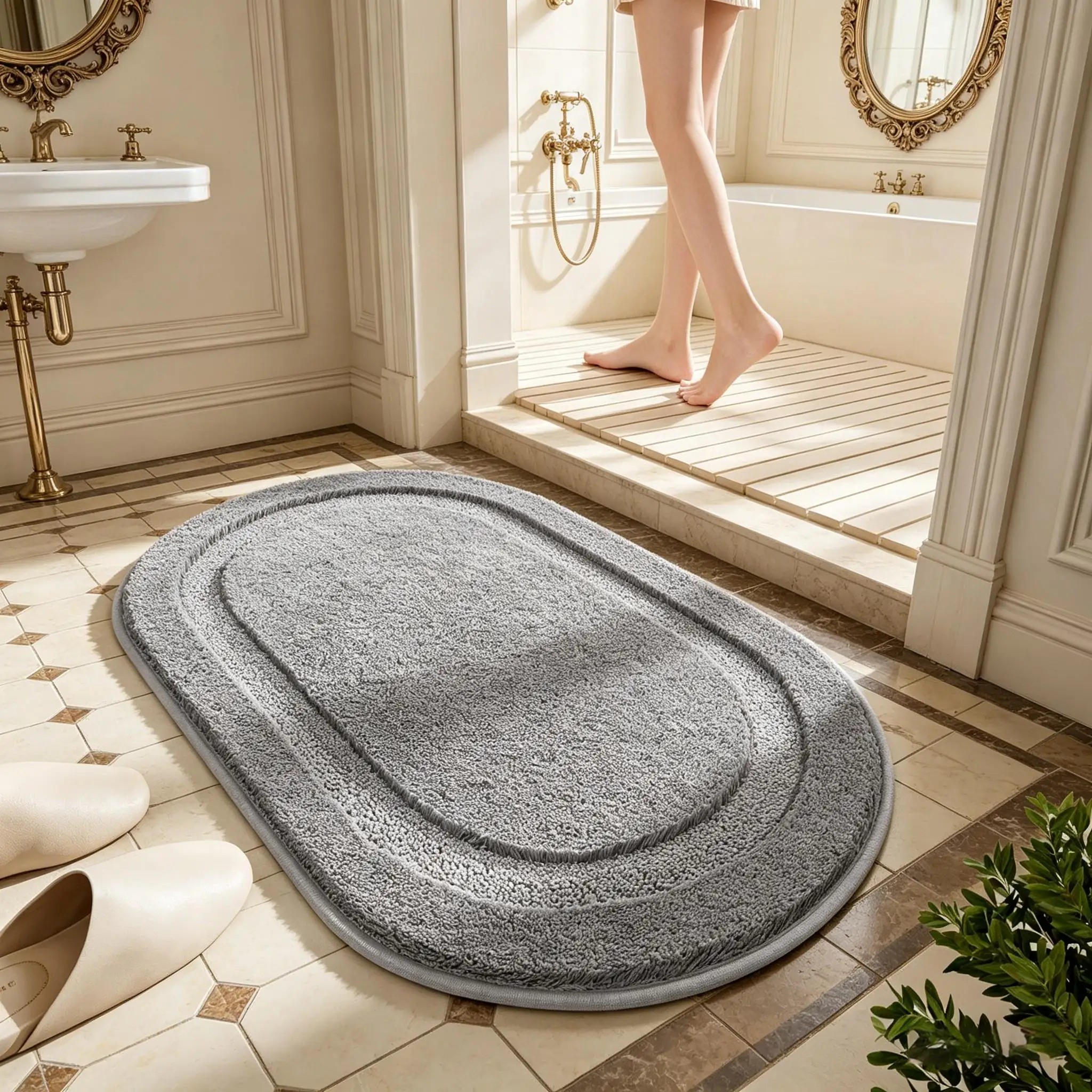 

Овальный однотонный 3D-коврик для ванной с флокированным покрытием, толстый впитывающий нескользящий коврик для ванной комнаты, мягкий коврик для душа для дома